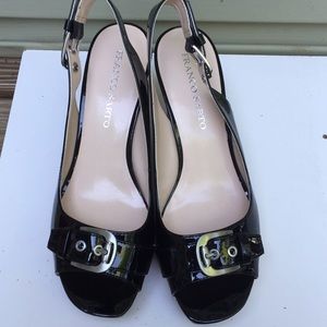 Franco Sarto black patent leather wedge sandals